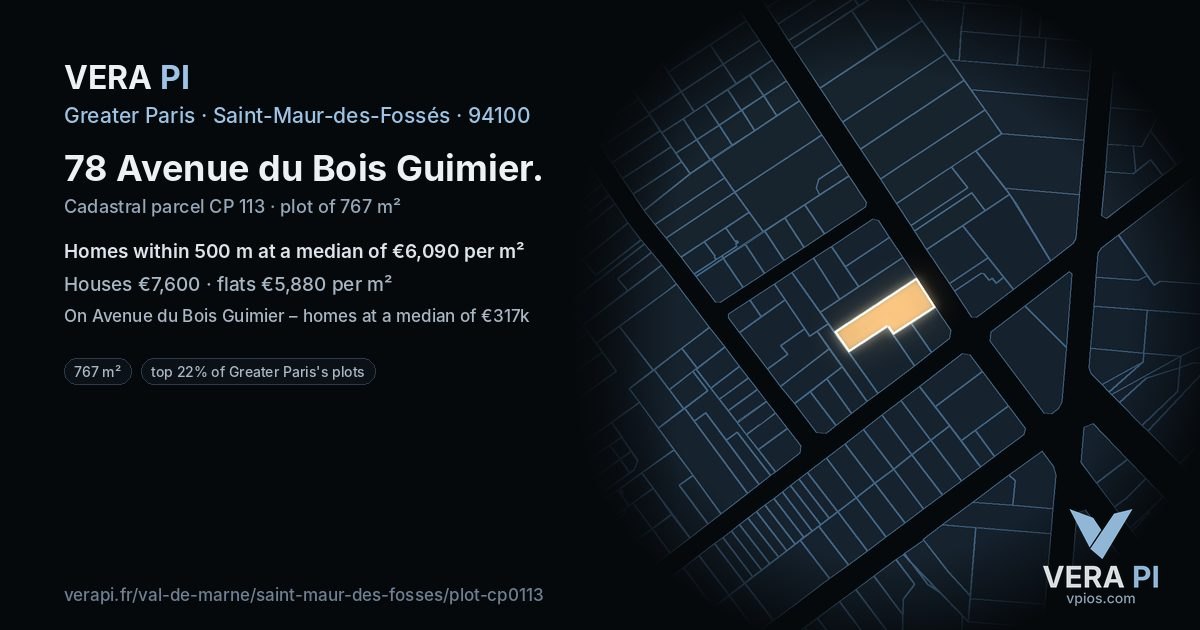 78 Avenue du Bois Guimier, Saint-Maur-des-Fossés at night – the plot lit, the parcels around coloured by the prices near them