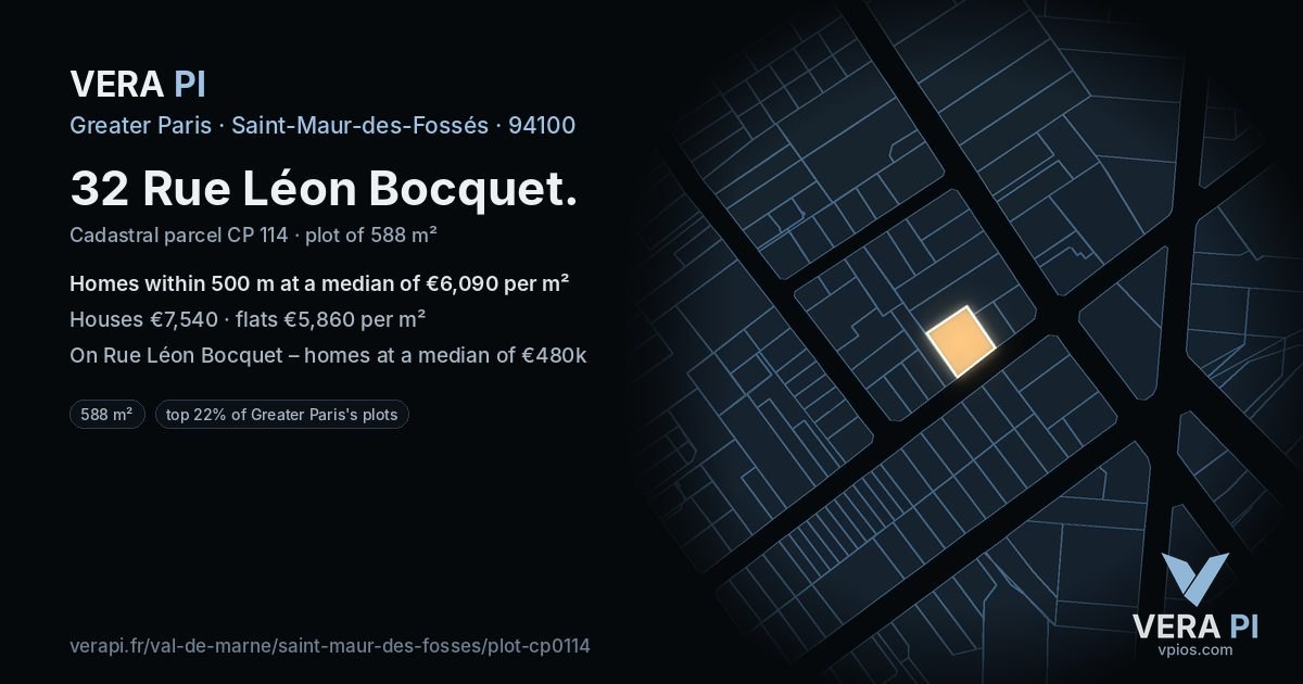 32 Rue Léon Bocquet, Saint-Maur-des-Fossés at night – the plot lit, the parcels around coloured by the prices near them