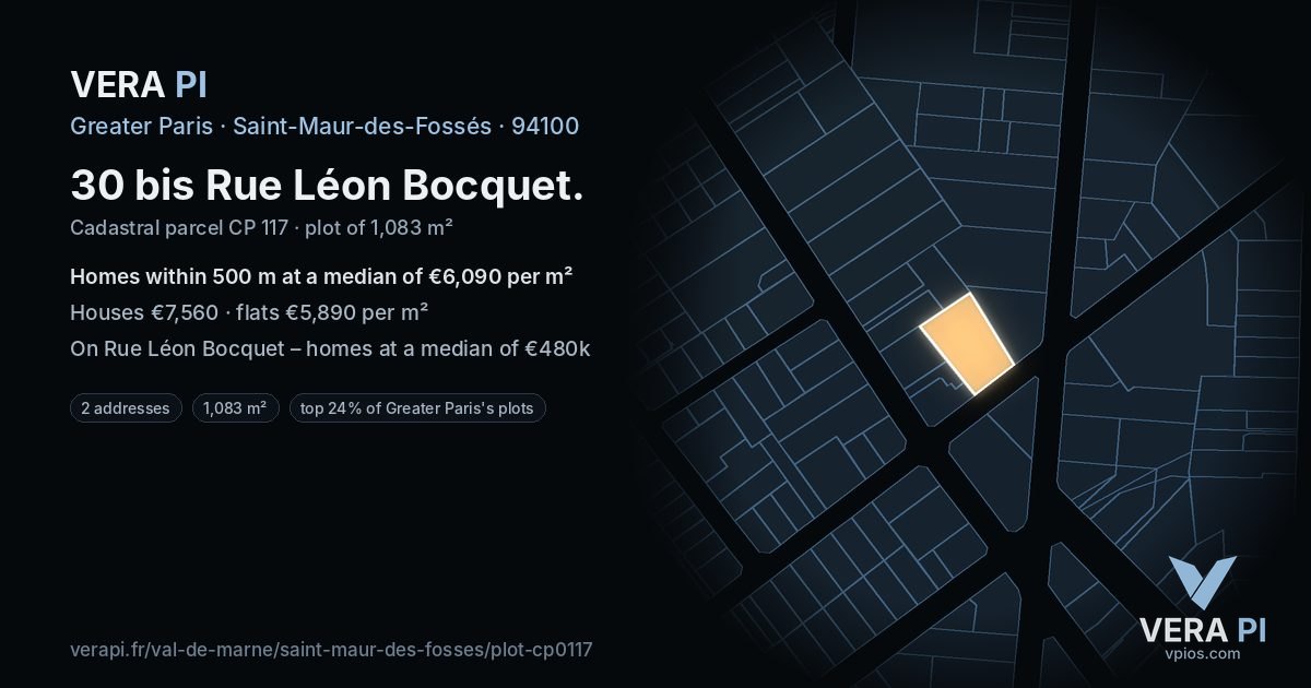 30 bis Rue Léon Bocquet, Saint-Maur-des-Fossés at night – the plot lit, the parcels around coloured by the prices near them