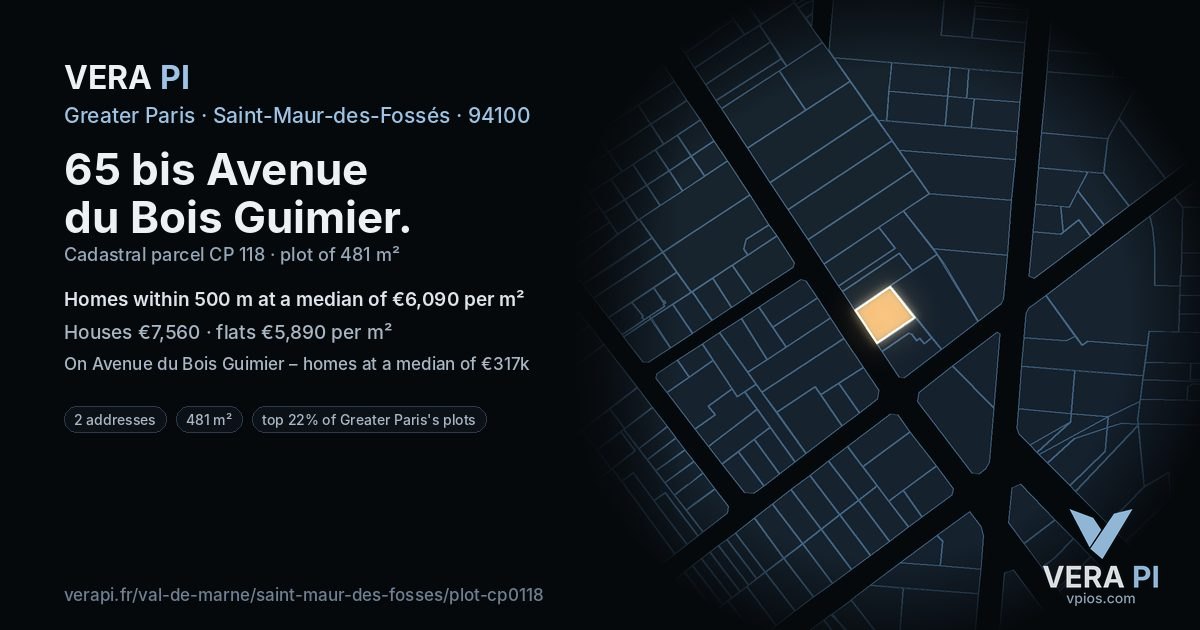 65 bis Avenue du Bois Guimier, Saint-Maur-des-Fossés at night – the plot lit, the parcels around coloured by the prices near them