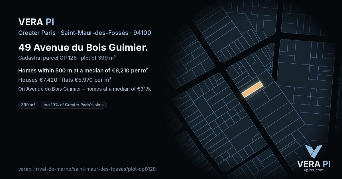 49 Avenue du Bois Guimier, Saint-Maur-des-Fossés at night – the plot lit, the parcels around coloured by the prices near them