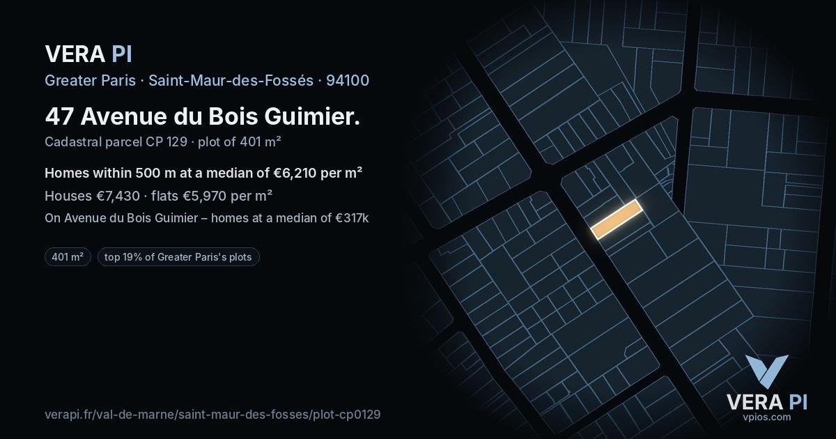 47 Avenue du Bois Guimier, Saint-Maur-des-Fossés at night – the plot lit, the parcels around coloured by the prices near them