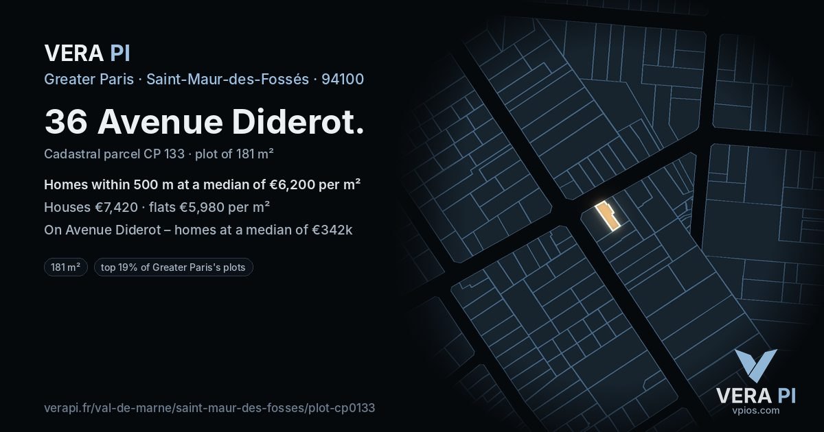 36 Avenue Diderot, Saint-Maur-des-Fossés at night – the plot lit, the parcels around coloured by the prices near them