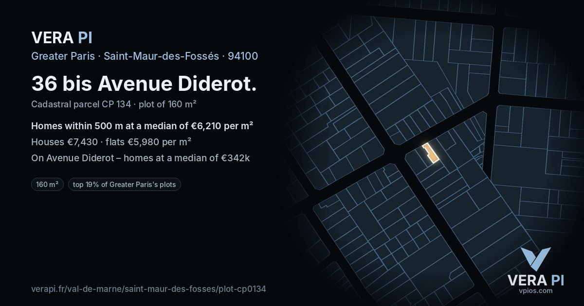 36 bis Avenue Diderot, Saint-Maur-des-Fossés at night – the plot lit, the parcels around coloured by the prices near them