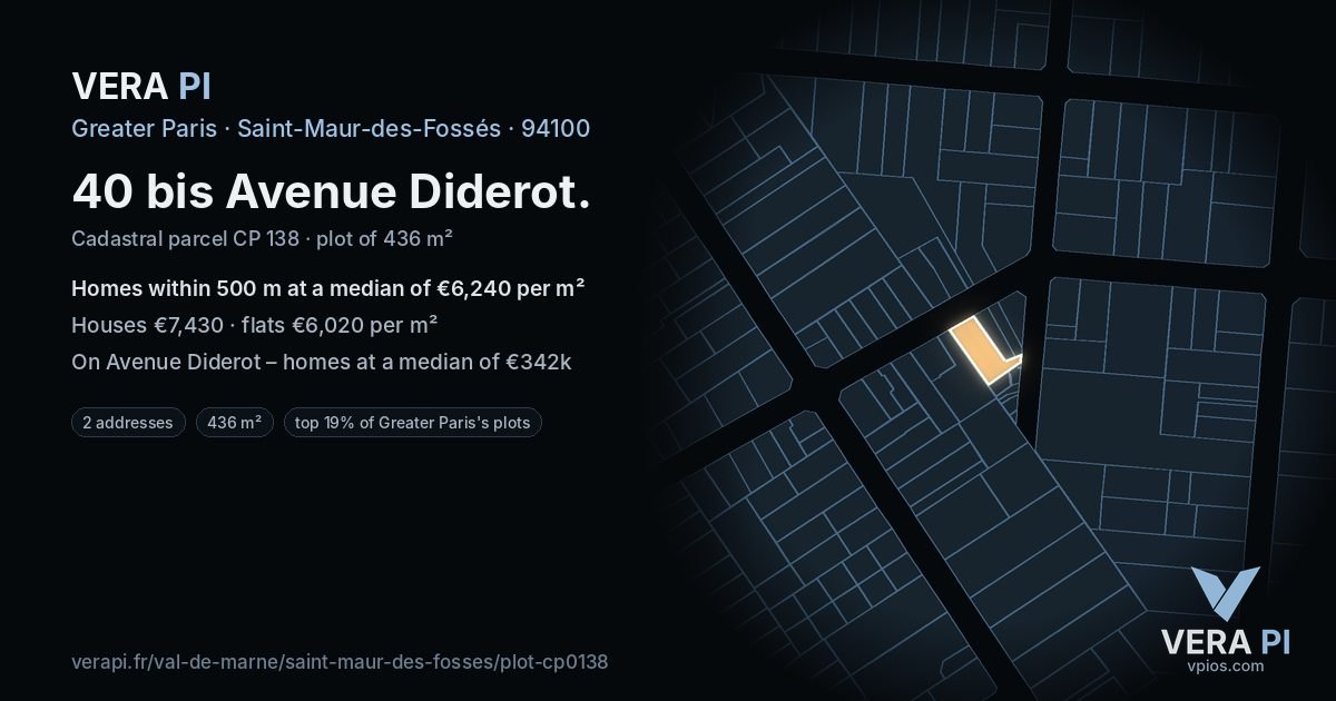 40 bis Avenue Diderot, Saint-Maur-des-Fossés at night – the plot lit, the parcels around coloured by the prices near them