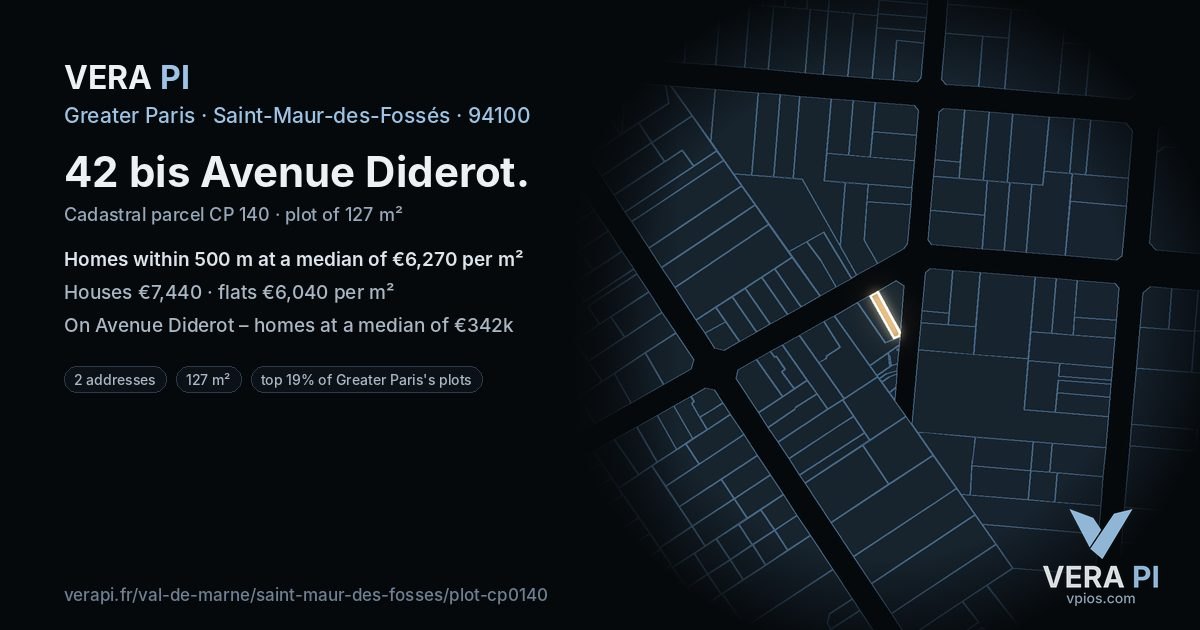 42 bis Avenue Diderot, Saint-Maur-des-Fossés at night – the plot lit, the parcels around coloured by the prices near them