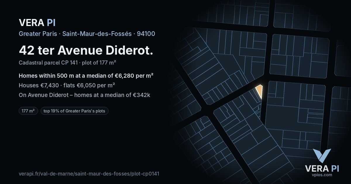 42 ter Avenue Diderot, Saint-Maur-des-Fossés at night – the plot lit, the parcels around coloured by the prices near them