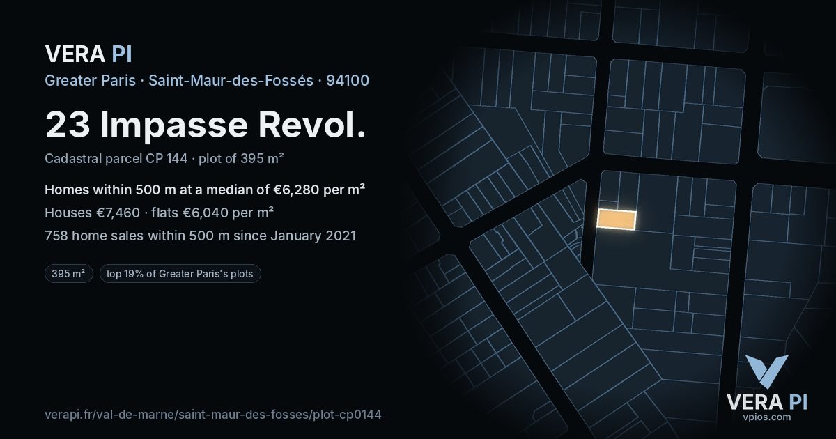 23 Impasse Revol, Saint-Maur-des-Fossés at night – the plot lit, the parcels around coloured by the prices near them