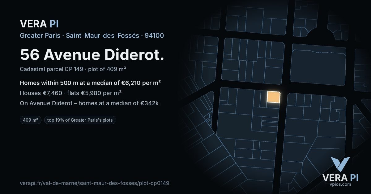 56 Avenue Diderot, Saint-Maur-des-Fossés at night – the plot lit, the parcels around coloured by the prices near them