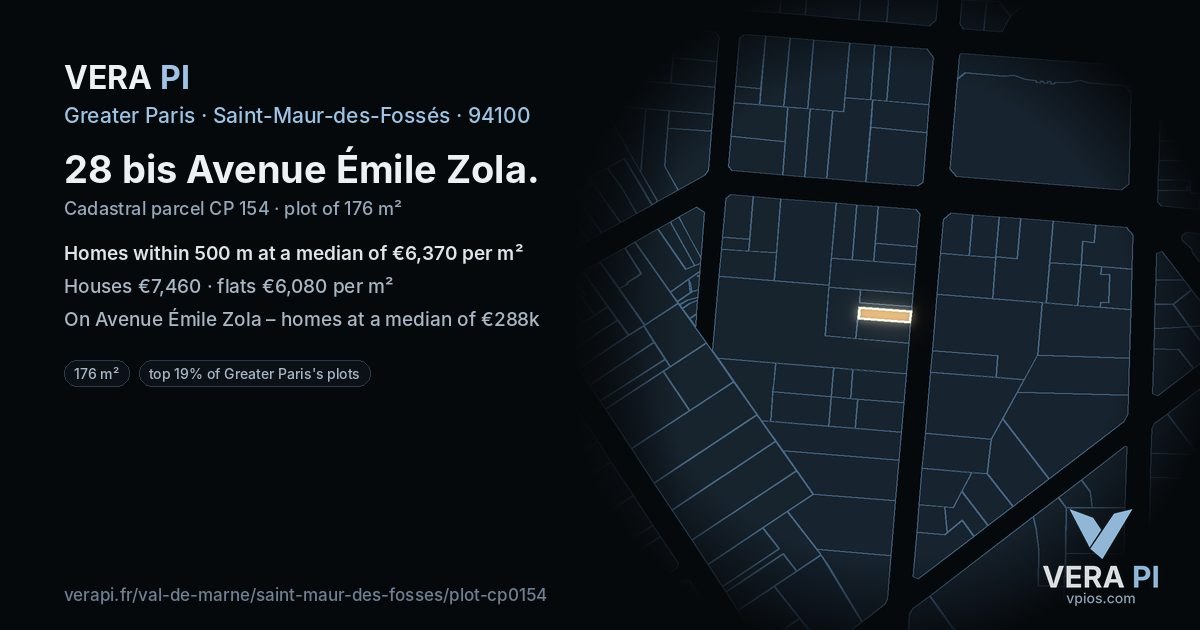 28 bis Avenue Émile Zola, Saint-Maur-des-Fossés at night – the plot lit, the parcels around coloured by the prices near them
