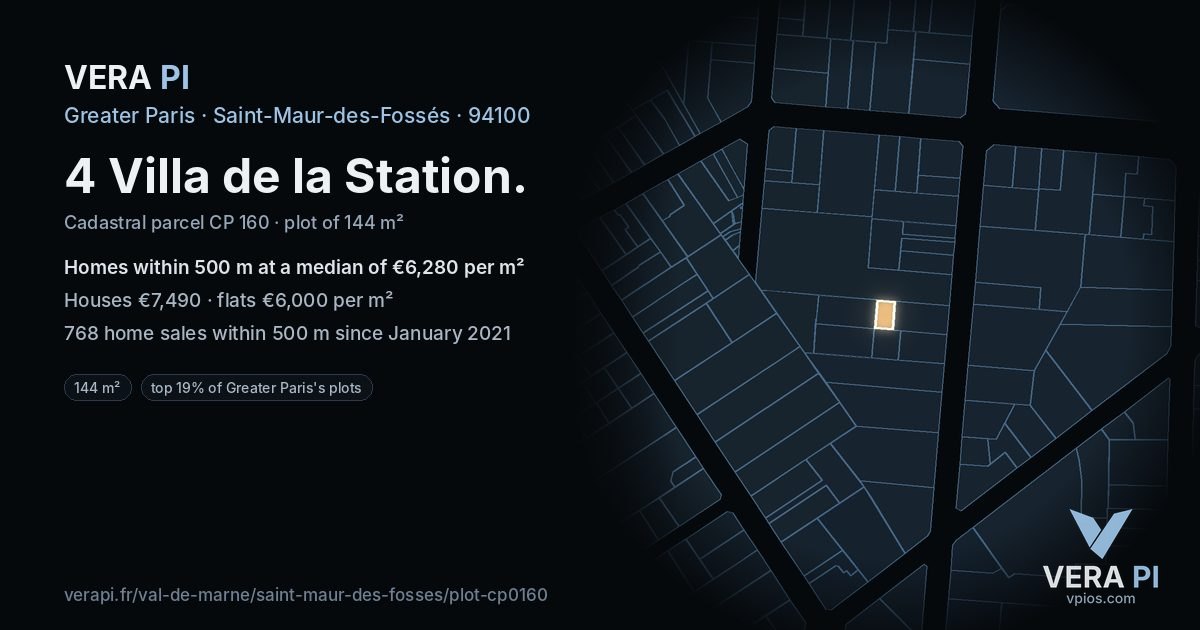 4 Villa de la Station, Saint-Maur-des-Fossés at night – the plot lit, the parcels around coloured by the prices near them