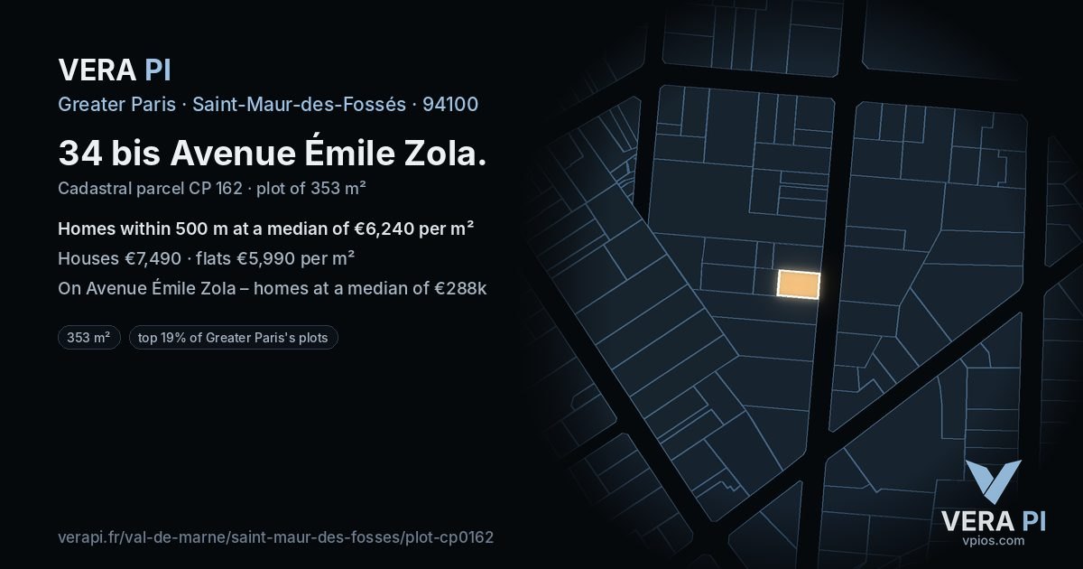 34 bis Avenue Émile Zola, Saint-Maur-des-Fossés at night – the plot lit, the parcels around coloured by the prices near them