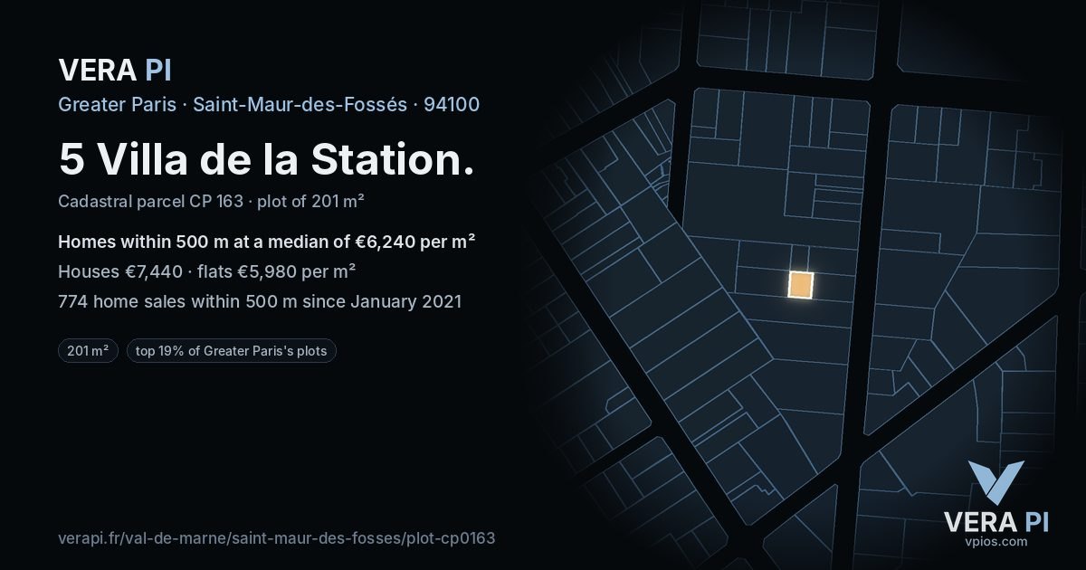 5 Villa de la Station, Saint-Maur-des-Fossés at night – the plot lit, the parcels around coloured by the prices near them