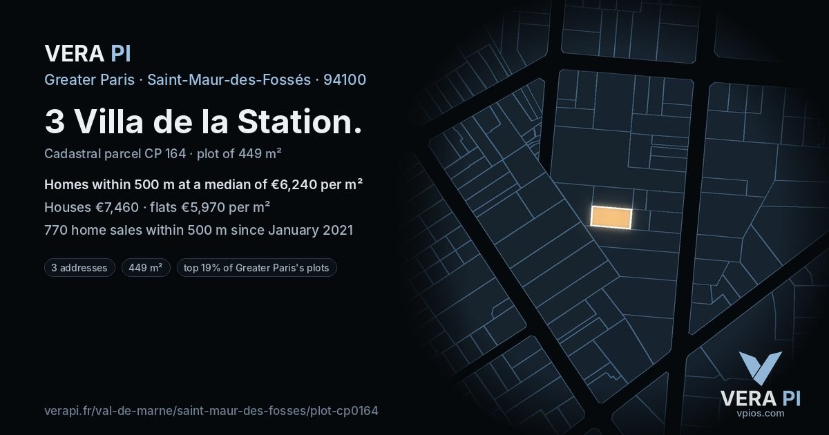 3 Villa de la Station, Saint-Maur-des-Fossés at night – the plot lit, the parcels around coloured by the prices near them