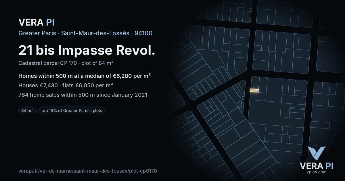 21 bis Impasse Revol, Saint-Maur-des-Fossés at night – the plot lit, the parcels around coloured by the prices near them