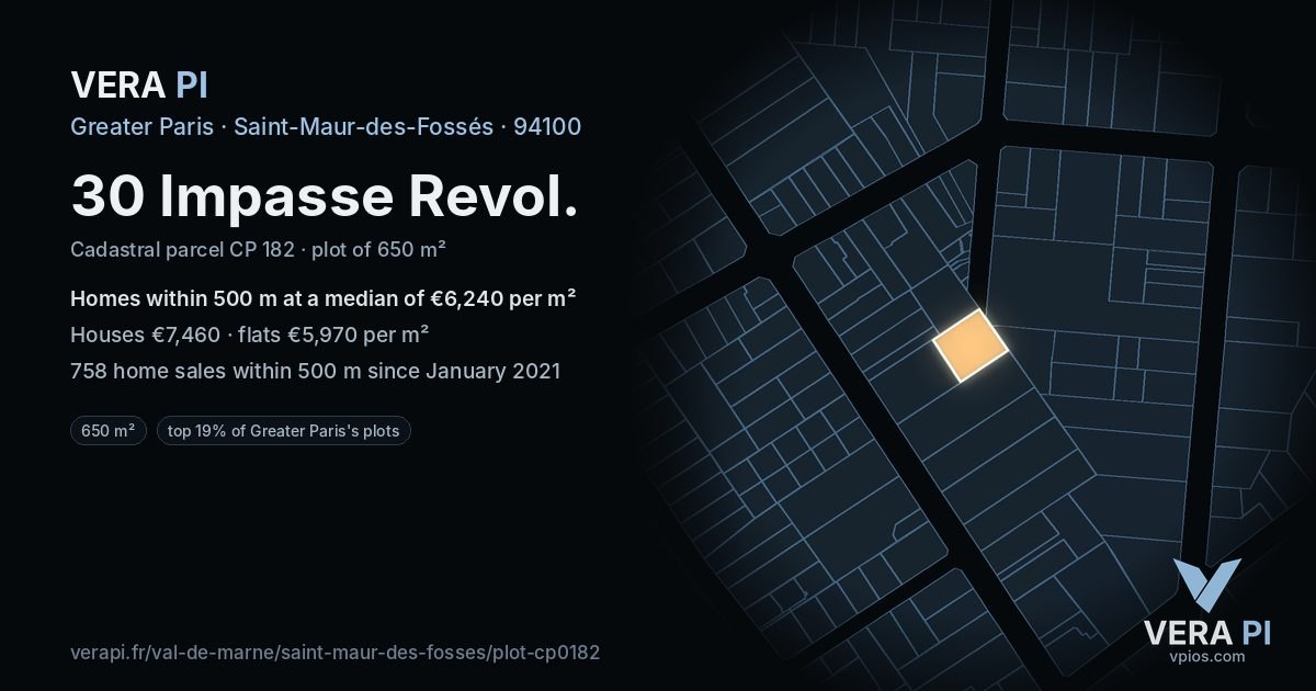 30 Impasse Revol, Saint-Maur-des-Fossés at night – the plot lit, the parcels around coloured by the prices near them