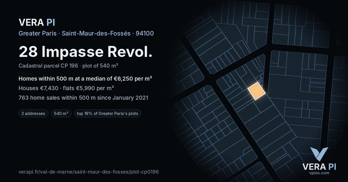 28 Impasse Revol, Saint-Maur-des-Fossés at night – the plot lit, the parcels around coloured by the prices near them
