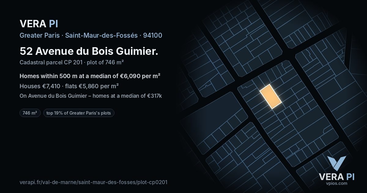 52 Avenue du Bois Guimier, Saint-Maur-des-Fossés at night – the plot lit, the parcels around coloured by the prices near them