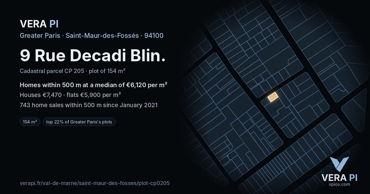 9 Rue Decadi Blin, Saint-Maur-des-Fossés at night – the plot lit, the parcels around coloured by the prices near them