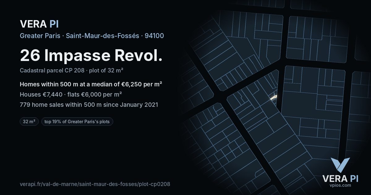 26 Impasse Revol, Saint-Maur-des-Fossés at night – the plot lit, the parcels around coloured by the prices near them
