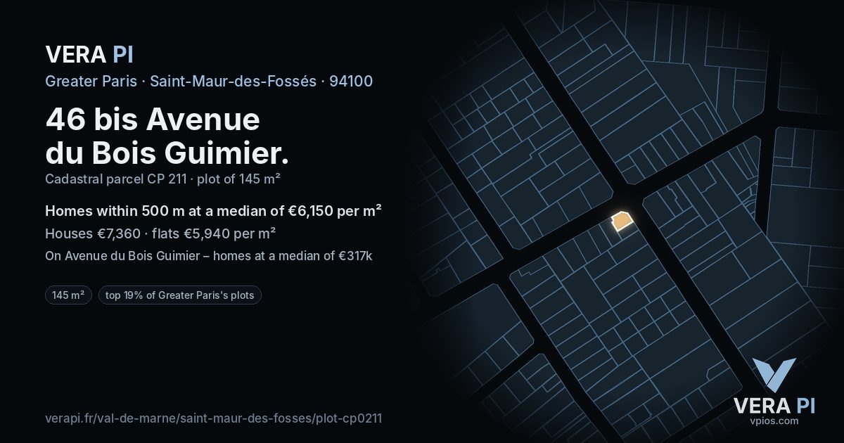 46 bis Avenue du Bois Guimier, Saint-Maur-des-Fossés at night – the plot lit, the parcels around coloured by the prices near them