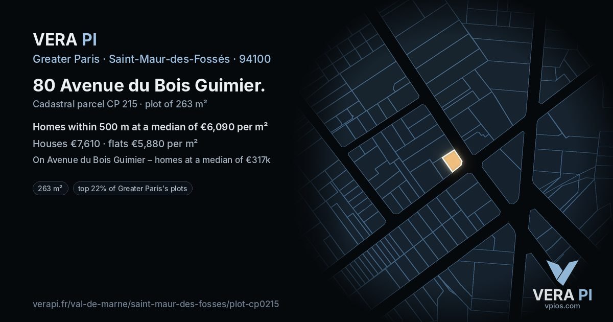 80 Avenue du Bois Guimier, Saint-Maur-des-Fossés at night – the plot lit, the parcels around coloured by the prices near them