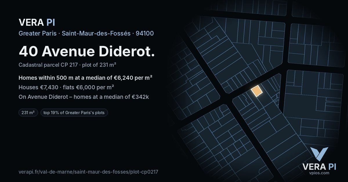 40 Avenue Diderot, Saint-Maur-des-Fossés at night – the plot lit, the parcels around coloured by the prices near them