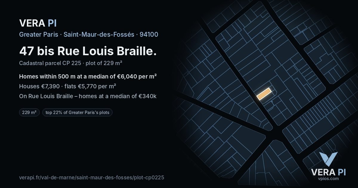 47 bis Rue Louis Braille, Saint-Maur-des-Fossés at night – the plot lit, the parcels around coloured by the prices near them