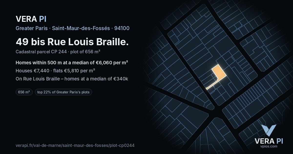 49 bis Rue Louis Braille, Saint-Maur-des-Fossés at night – the plot lit, the parcels around coloured by the prices near them