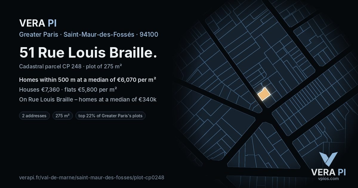 51 Rue Louis Braille, Saint-Maur-des-Fossés at night – the plot lit, the parcels around coloured by the prices near them