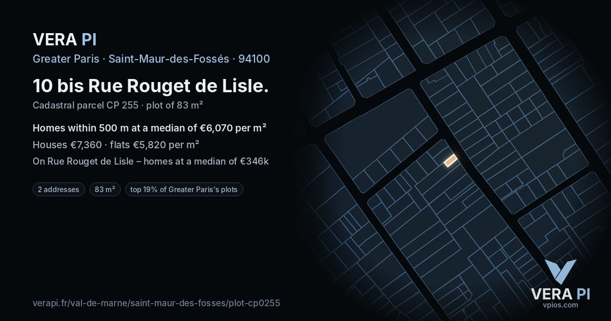 10 bis Rue Rouget de Lisle, Saint-Maur-des-Fossés at night – the plot lit, the parcels around coloured by the prices near them