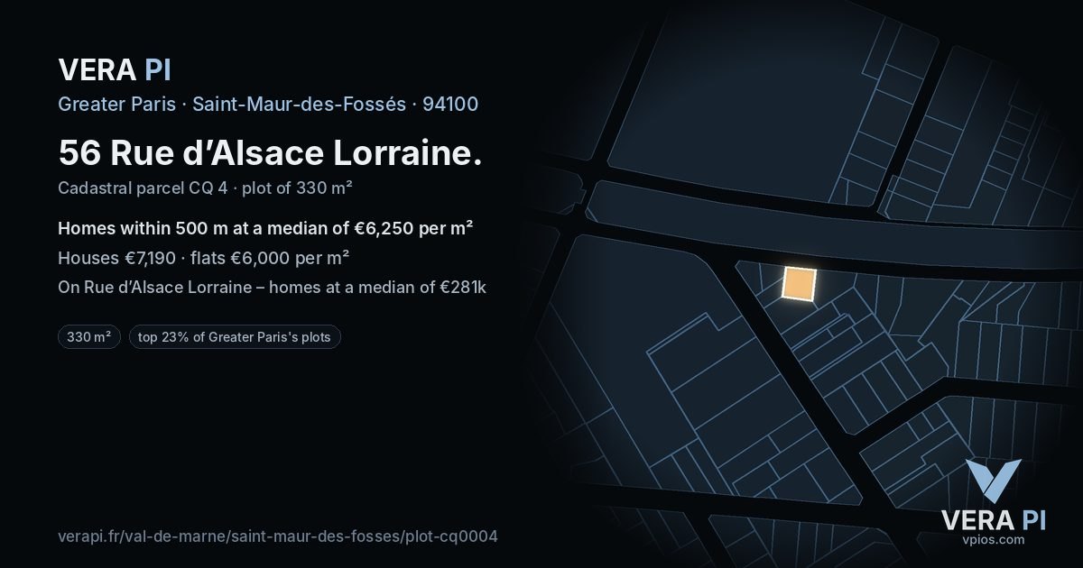56 Rue d’Alsace Lorraine, Saint-Maur-des-Fossés at night – the plot lit, the parcels around coloured by the prices near them