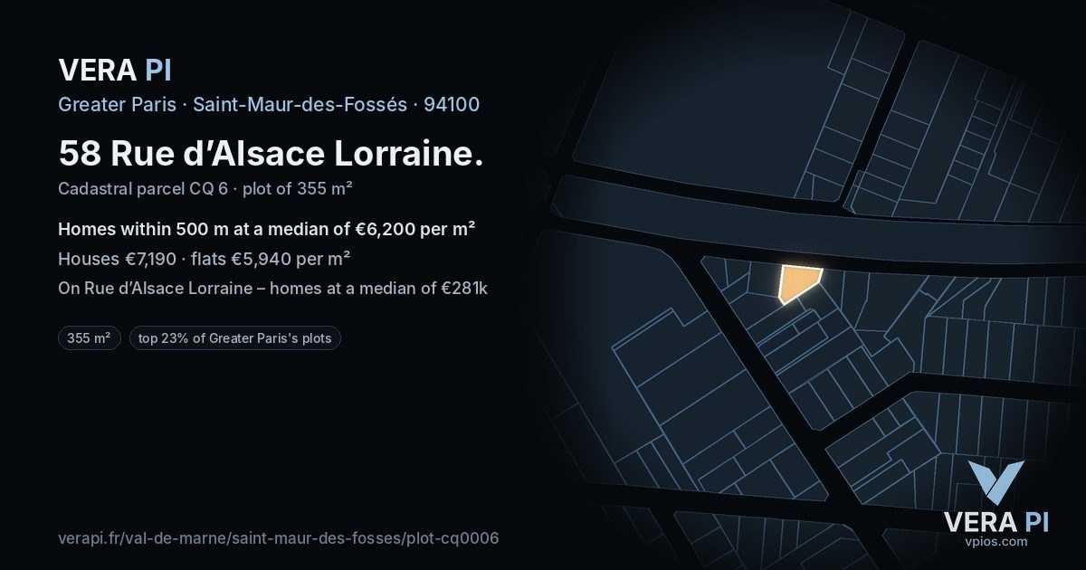 58 Rue d’Alsace Lorraine, Saint-Maur-des-Fossés at night – the plot lit, the parcels around coloured by the prices near them
