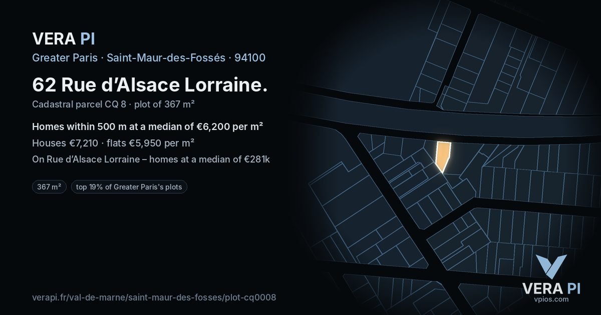 62 Rue d’Alsace Lorraine, Saint-Maur-des-Fossés at night – the plot lit, the parcels around coloured by the prices near them