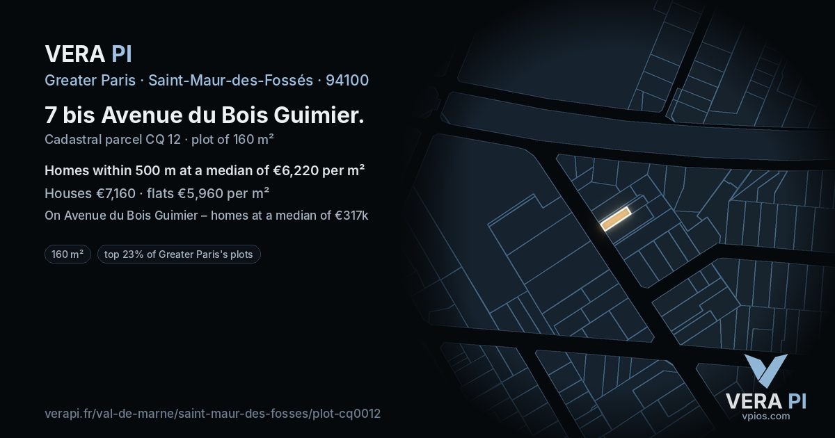 7 bis Avenue du Bois Guimier, Saint-Maur-des-Fossés at night – the plot lit, the parcels around coloured by the prices near them