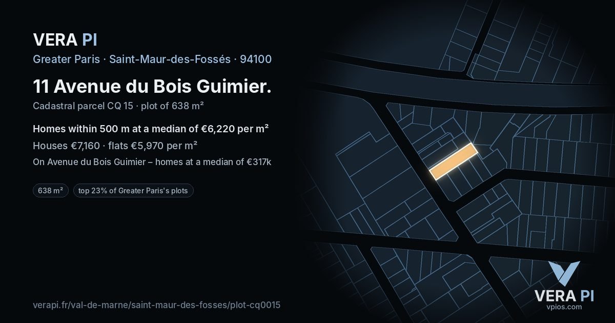 11 Avenue du Bois Guimier, Saint-Maur-des-Fossés at night – the plot lit, the parcels around coloured by the prices near them