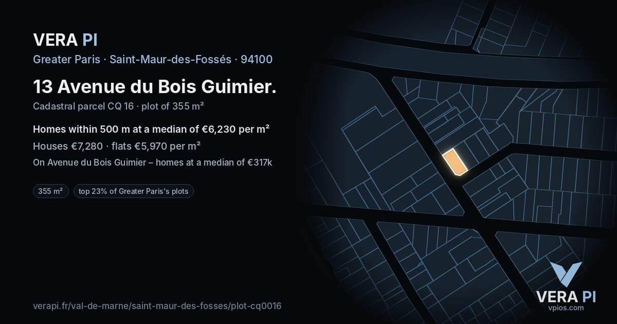13 Avenue du Bois Guimier, Saint-Maur-des-Fossés at night – the plot lit, the parcels around coloured by the prices near them