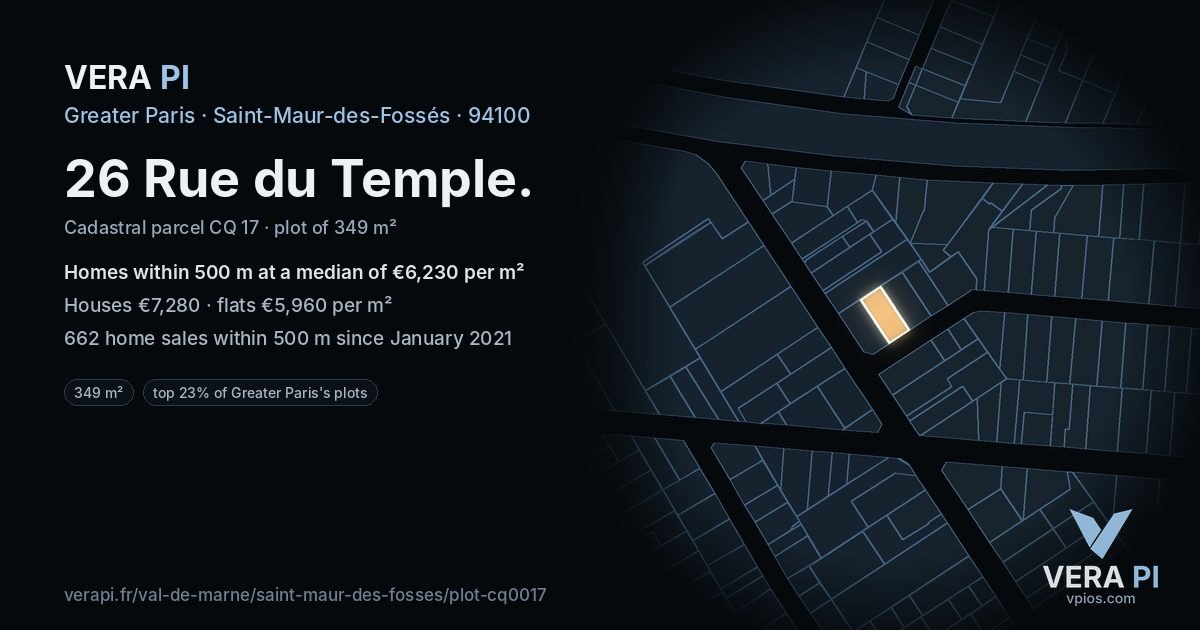 26 Rue du Temple, Saint-Maur-des-Fossés at night – the plot lit, the parcels around coloured by the prices near them