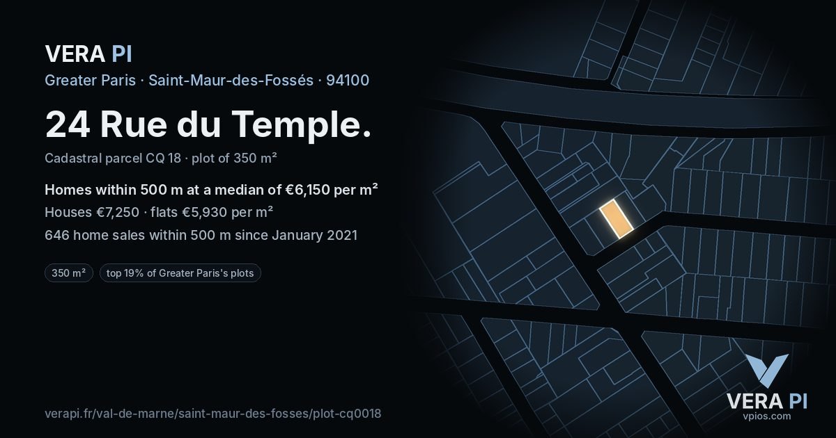 24 Rue du Temple, Saint-Maur-des-Fossés at night – the plot lit, the parcels around coloured by the prices near them