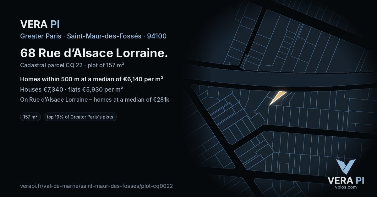 68 Rue d’Alsace Lorraine, Saint-Maur-des-Fossés at night – the plot lit, the parcels around coloured by the prices near them
