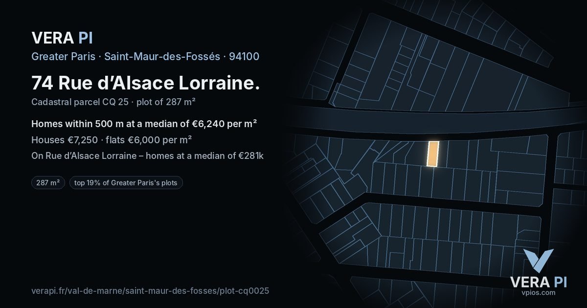 74 Rue d’Alsace Lorraine, Saint-Maur-des-Fossés at night – the plot lit, the parcels around coloured by the prices near them