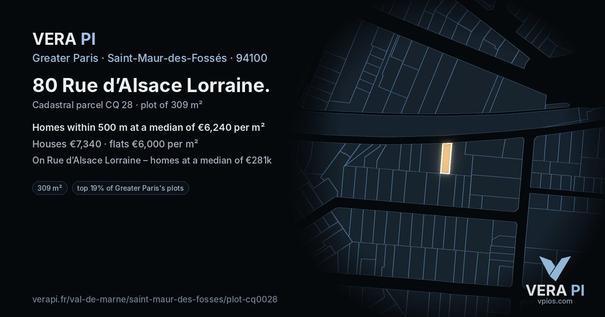 80 Rue d’Alsace Lorraine, Saint-Maur-des-Fossés at night – the plot lit, the parcels around coloured by the prices near them