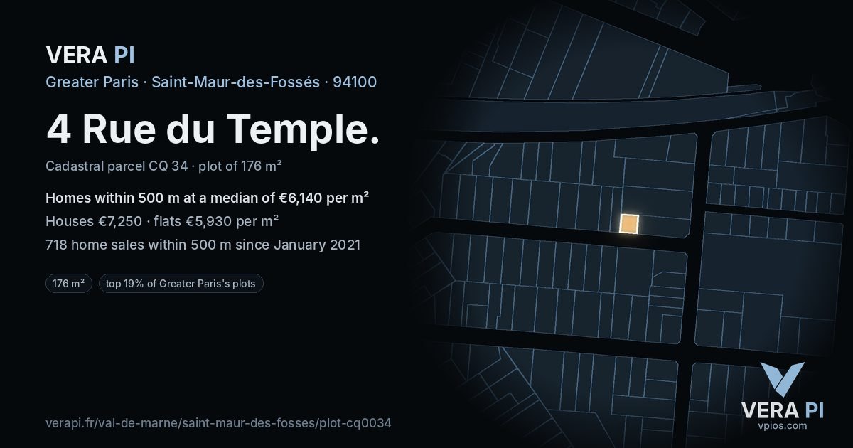 4 Rue du Temple, Saint-Maur-des-Fossés at night – the plot lit, the parcels around coloured by the prices near them