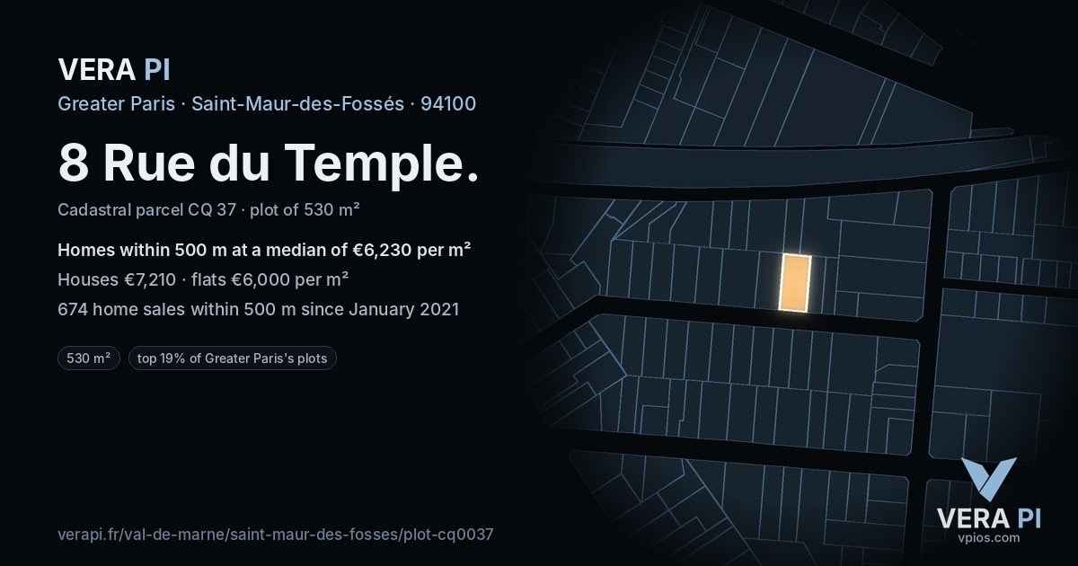 8 Rue du Temple, Saint-Maur-des-Fossés at night – the plot lit, the parcels around coloured by the prices near them