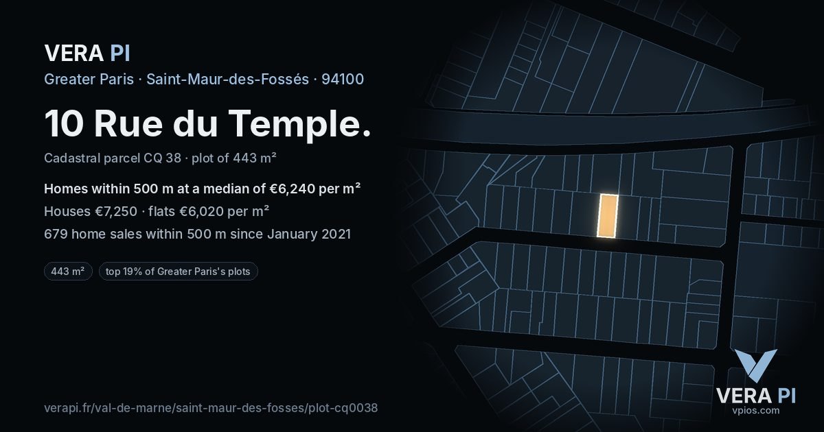 10 Rue du Temple, Saint-Maur-des-Fossés at night – the plot lit, the parcels around coloured by the prices near them