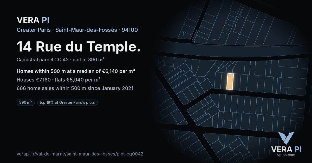 14 Rue du Temple, Saint-Maur-des-Fossés at night – the plot lit, the parcels around coloured by the prices near them