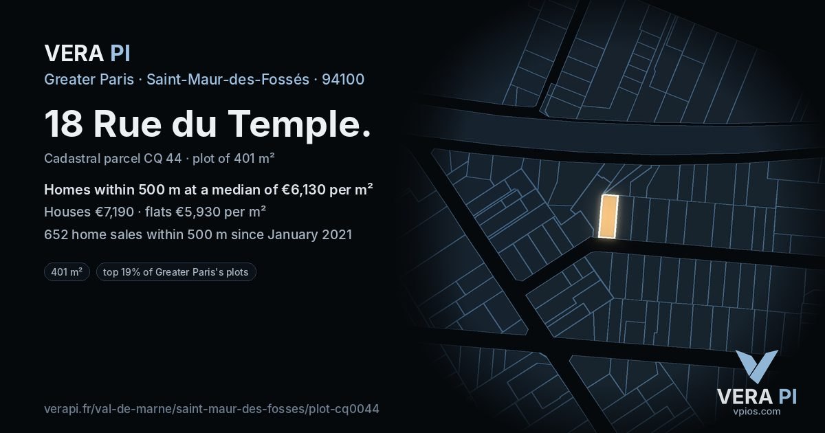 18 Rue du Temple, Saint-Maur-des-Fossés at night – the plot lit, the parcels around coloured by the prices near them