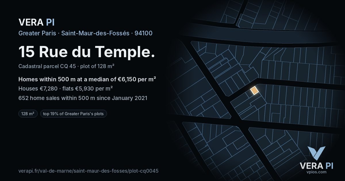 15 Rue du Temple, Saint-Maur-des-Fossés at night – the plot lit, the parcels around coloured by the prices near them