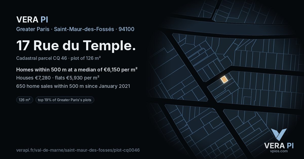 17 Rue du Temple, Saint-Maur-des-Fossés at night – the plot lit, the parcels around coloured by the prices near them