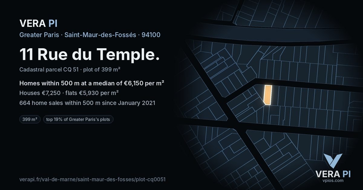 11 Rue du Temple, Saint-Maur-des-Fossés at night – the plot lit, the parcels around coloured by the prices near them